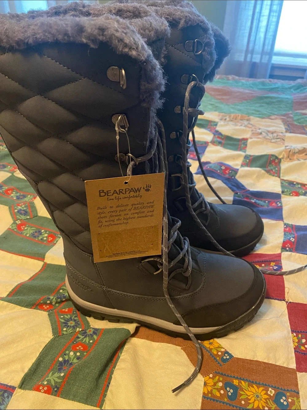 NWTs BearPaw Women's Dark Gray Quilted Faux-Fur Lace-Up Winter Boots